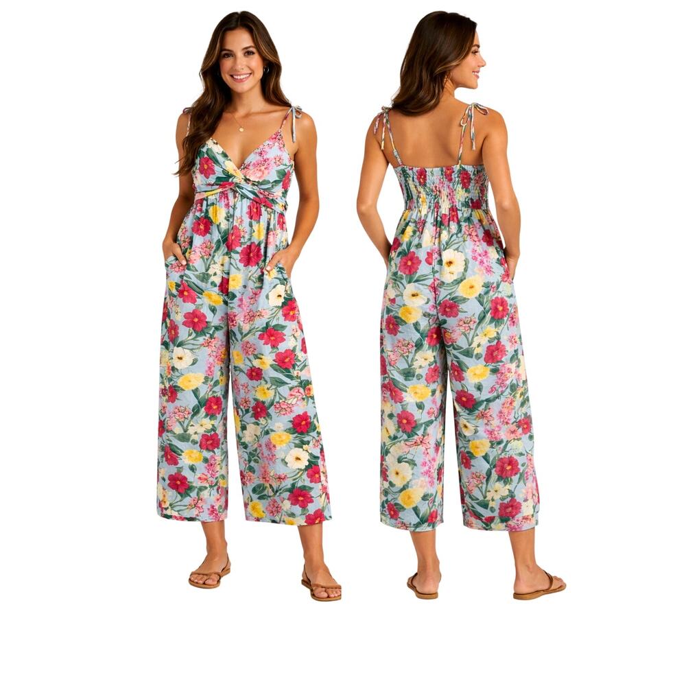Old Navy Linen Blend Babydoll Wide Leg Jumpsuit Women L Pink Floral Cottage NWT